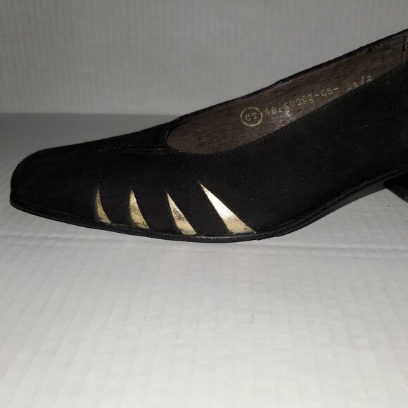 Black Suede Pump w/ Gold Trim, Block Heel, and Square Toe - Picture 3 of 12